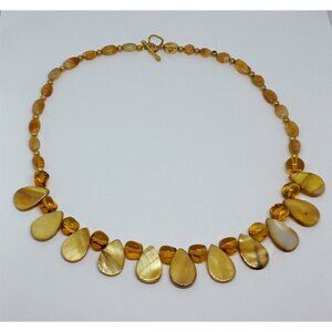 Vintage gold tone mother of pearl and glass necklace statement boho